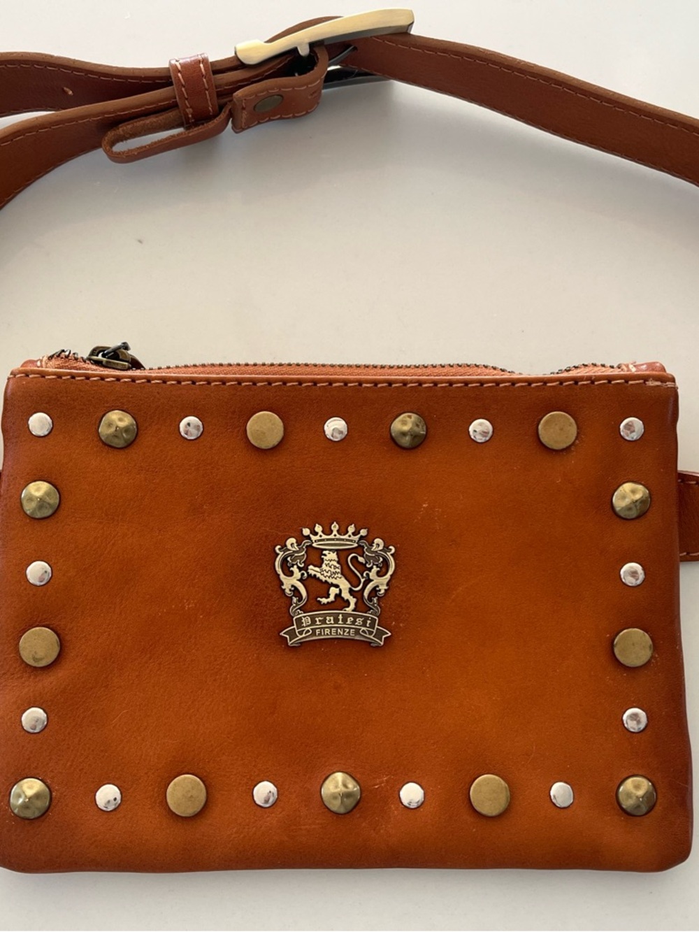 Pratesi Firenze - Italian Leather Studded
Belt Bag Fanny Pack Bum Bag - Caramel